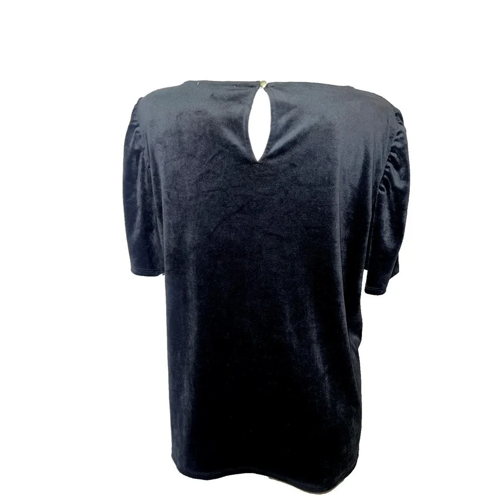 LOFT Womens Black Velvet Puff Sleeve Boat Neck Top XL Keyhole Back Blouse